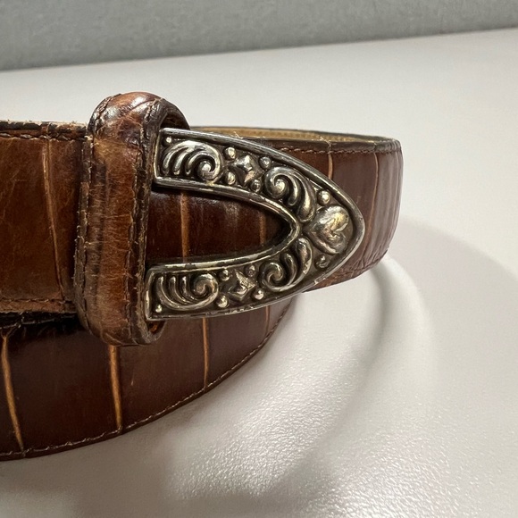 Brighton Vintage Silver Crown Buckle Mock Croc Brown Leather Waist Belt M/L - Picture 5 of 15